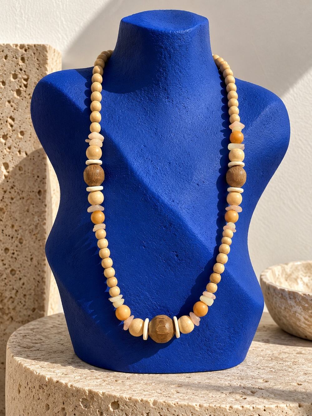 Vintage Vendome Signed V.A. Boho Wood & Cream Bead Necklace 1970s